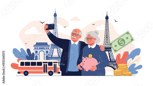 Senior couple taking a selfie with a smartphone in front of famous landmarks like the Eiffel Tower and Arc de Triomphe.