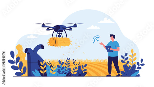 Tech-savvy farmer uses a modern agricultural drone to transport a bale of hay over a vast golden wheat field at sunset.
