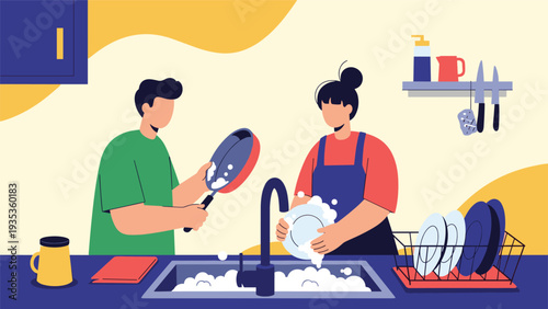 Man and woman working together in a modern kitchen to wash and dry dishes at the sink during their daily household chores.