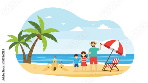Happy family with two children enjoying a sunny day at a tropical beach with a sandcastle and palm trees in the background.