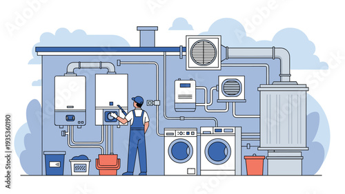 Professional technician in blue overalls inspecting a complex heating system with boilers and pipes in a utility room.