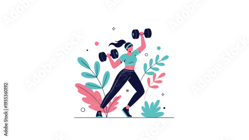 Athletic woman lifting heavy dumbbells while exercising in a garden setting surrounded by colorful stylized foliage.