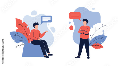 Two men engaged in a deep conversation with speech bubbles floating above them in a modern and colorful illustration.