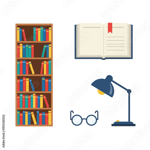 A modern workspace with a bookshelf, open book, reading lamp, and glasses on a clean background viewed from directly above.