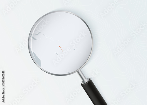 Vanuatu Map Under Magnifying Glass with National Flag Overlay.