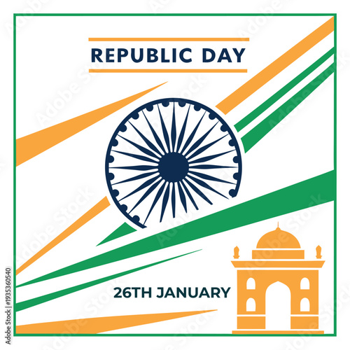India Republic Day greeting with India Gate, national flag, and Ashoka Chakra.