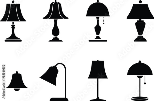 Vintage table lamps and desk lighting silhouettes set with classic interior decor lights retro lamp collection icons