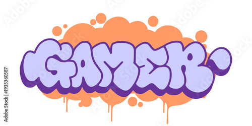 Gamer Graffiti Throw Up Illustration in Purple and orange for Esports Community and Gaming Lifestyle Urban Identity.