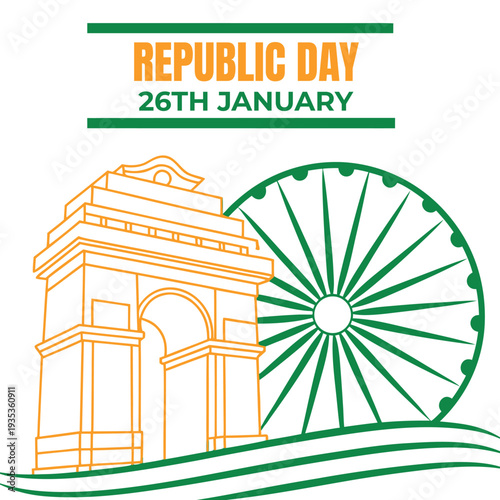 India Republic Day greeting with India Gate, national flag, and Ashoka Chakra.
