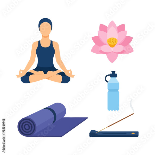 Serene yoga scene with a meditating woman surrounded by a lotus flower, yoga mat, water bottle, and incense stick in a peaceful environment