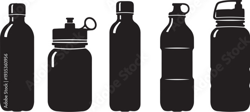Collection of black water bottles on white background