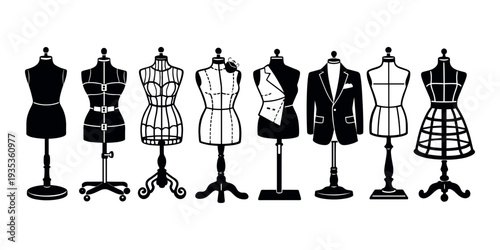 Collection of dress form dummies, tailor busts, and an elegant male suit silhouette, representing fashion craft and garment making