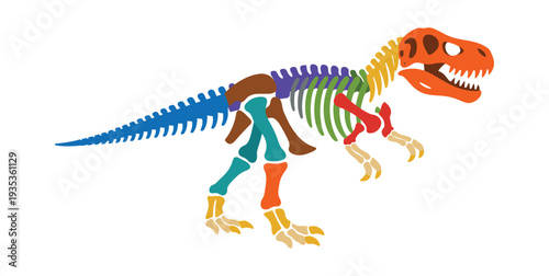 Tyrannosaurus Rex skeleton, a colorful illustration of prehistoric animal anatomy. Paleontology and dinosaur extinction theme