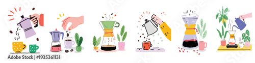 Hand making fresh coffee colorful sketch illustration set with modern brewing methods