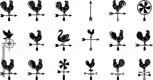 Rooster weather vane icon set with wind direction arrows farm silhouette symbols vintage wind indicator vector illustration collection