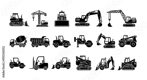 Heavy Construction Vehicle and Machinery Silhouette Icons – Flat Black Vector Set