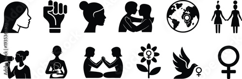 Women empowerment and feminism icon set featuring female symbols, protest, equality, motherhood, solidarity and gender rights silhouettes