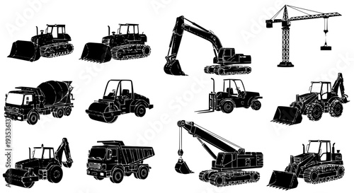 Professional Heavy Construction Vehicle and Machinery Icons – Detailed Silhouette Vector Set