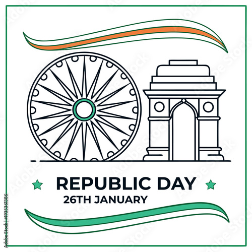 India Republic Day greeting with India Gate, national flag, and Ashoka Chakra.