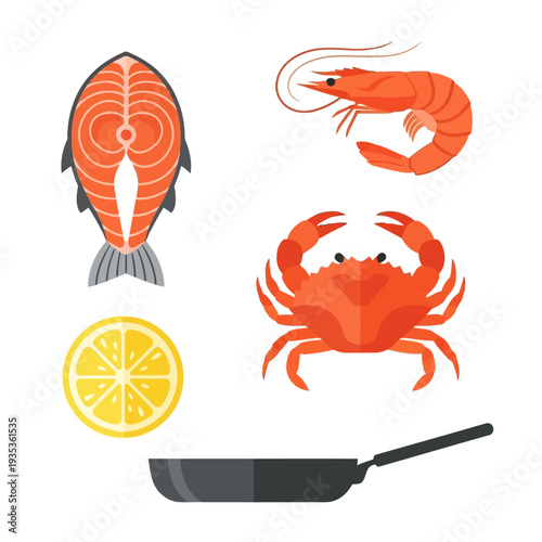 Seafood illustrations including fish, shrimp, crab, and lemon slice arranged around a cooking pan