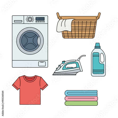 Laundry day scene with washing machine, iron, and clean clothes in a domestic environment viewed from the front.