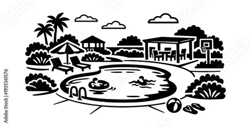 Lounge by a private backyard pool, where guests can swim and float peacefully amid lush tropical foliage and amenities for leisure