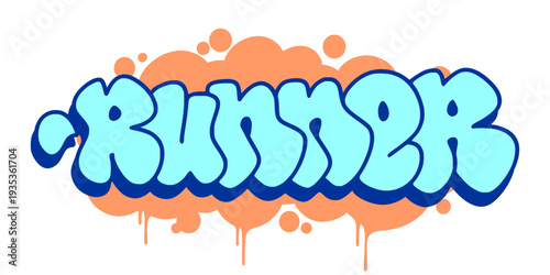 Runner Graffiti Throw Up Vector in Blue and Orange for Athletic Sport and Delivery Courier Urban Concept Graphic.
