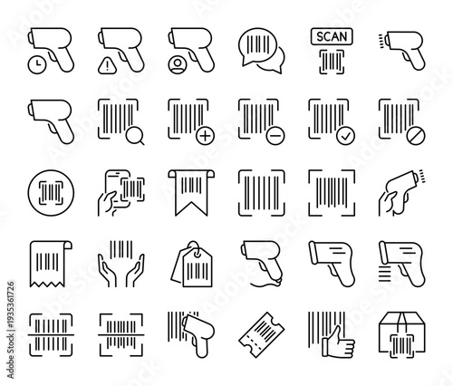 Barcode icons set. Scanning, scanner sign. Scan reader symbol. Linear black icon collection. Flat vector design. Editable stroke. For apps, website, business, infographic, etc.