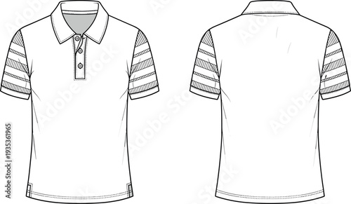 Men short sleeve polo shirt technical flat sketch vector illustration with striped sleeves front and back view fashion design mockup