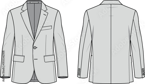 Men single breasted suit jacket vector technical fashion flat sketch template front and back view illustration for clothing design mockup.