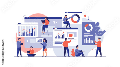 Dynamic team of data scientists working on multiple digital dashboards to analyze business performance metrics.