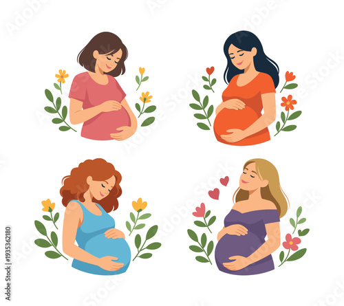 Pregnant women cradling their growing bellies, surrounded by flowers and hearts, illustrating pregnancy, new life, and anticipation