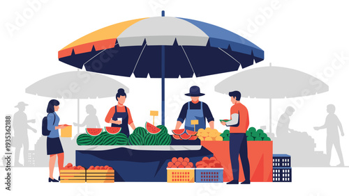 Busy outdoor market stall with vendors selling fresh watermelons and other fruits to customers in the city.