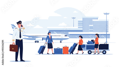 Professional pilot and flight attendants with their luggage standing in front of an airplane at the airport.