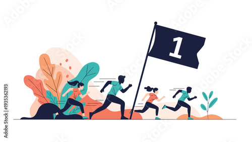 Determined group of athletes racing towards a finish line marked with a black flag displaying the number one.