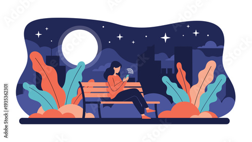 Young woman sitting on a wooden bench at night in a city park while using her smartphone with a glowing moon in the sky.