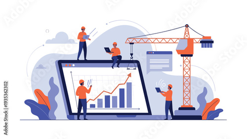Construction workers and engineers using a crane to build a business growth graph on a giant laptop screen as a digital project.