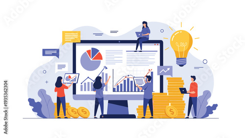 Team of data analysts and researchers working together around a giant computer screen to study complex business growth charts.