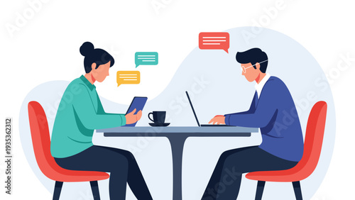 Young professional man and woman sitting together at a modern coffee shop table while working on their mobile devices.