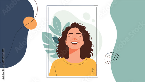 Close-up portrait of a woman with curly hair laughing and closing her eyes with a sense of pure joy and inner peace.