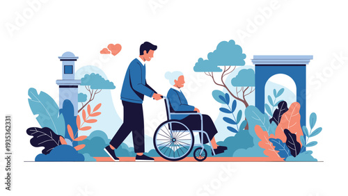 Caring young man pushing an elderly woman in a wheelchair through a peaceful public park on a sunny day.
