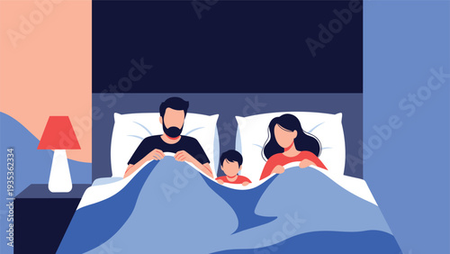 Loving family with a small child sleeping peacefully together in a large comfortable bed during the night.