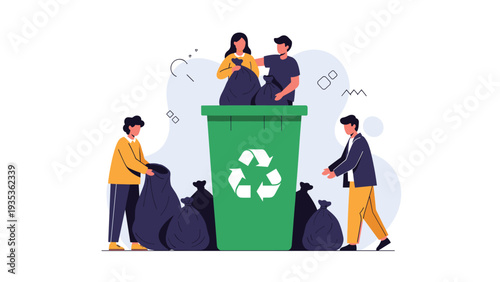 Group of environmentally conscious people collecting and sorting waste into a large green recycling bin.