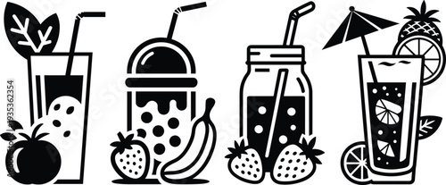 Collection of black beverage icons featuring fruit juices and smoothies, vector illustrations with strawberries, bananas, and citrus slices for healthy summer drink designs.