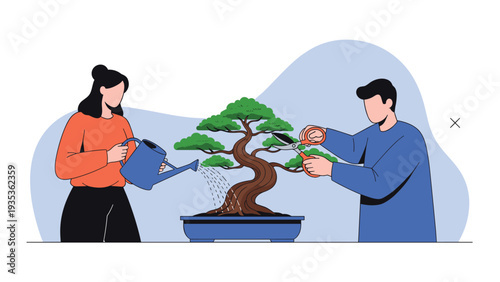 Man and woman working together to carefully prune and water a beautiful bonsai tree in their home garden or hobby workshop.