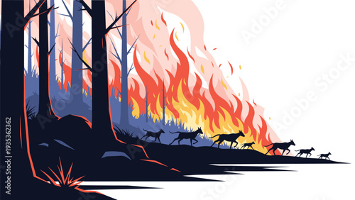 Wild animals including deer fleeing from a massive forest fire with bright flames and thick smoke engulfing the dark trees.
