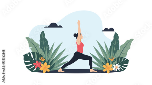 Fit woman practicing a warrior yoga pose amidst a lush tropical garden filled with colorful flowers and leaves.