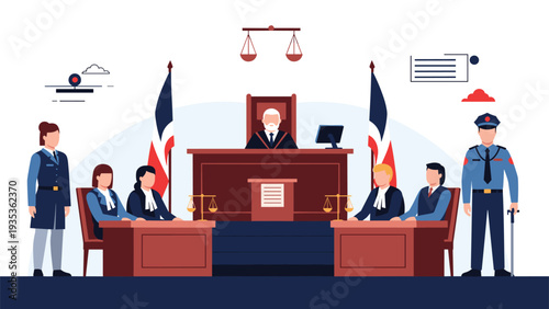 Professional courtroom scene with a judge sitting at the bench surrounded by lawyers and security officers.