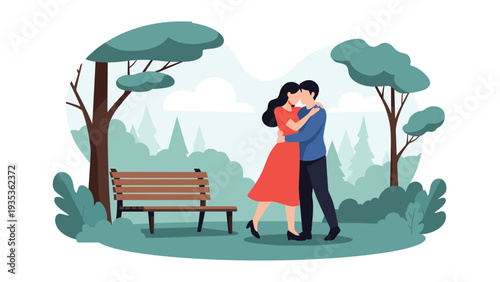 Romantic couple sharing a tender embrace in a serene green park next to a classic wooden garden bench.