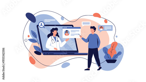 Man consulting with a professional female doctor through a virtual telemedicine call on a large laptop screen.